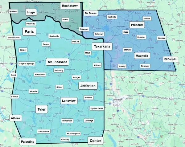 Map of EnviroGator's service area across Northeast Texas, Southwest Arkansas and Southeast Oklahoma