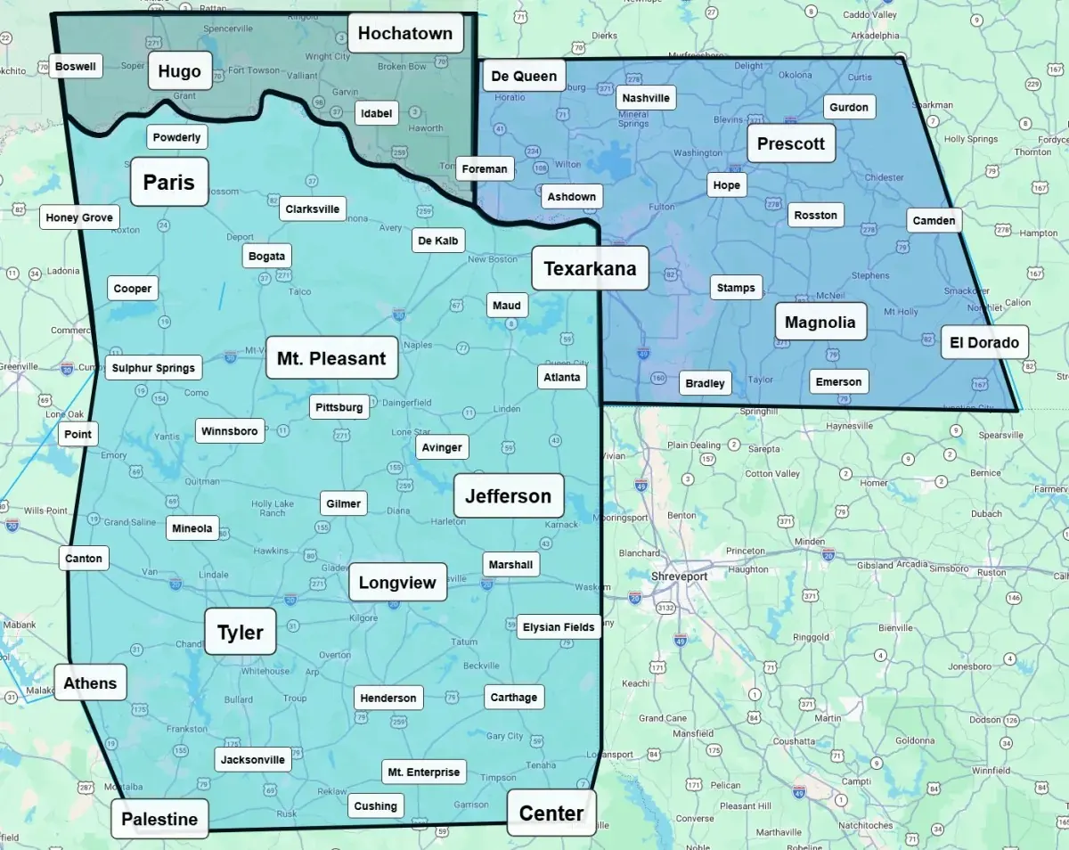 Map of the EnviroGator service area across Northeast Texas, Southwest Arkansas and Southeast Oklahoma, from Paris and Tyler east to El Dorado and south to Center