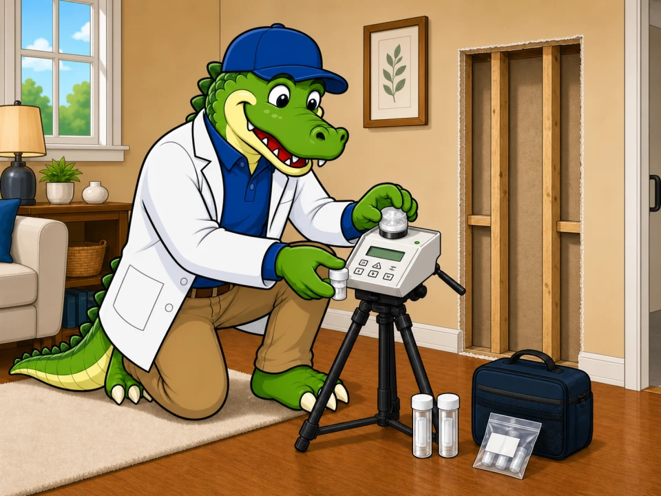 EnviroGator mascot standing beside an air sampler during clearance testing