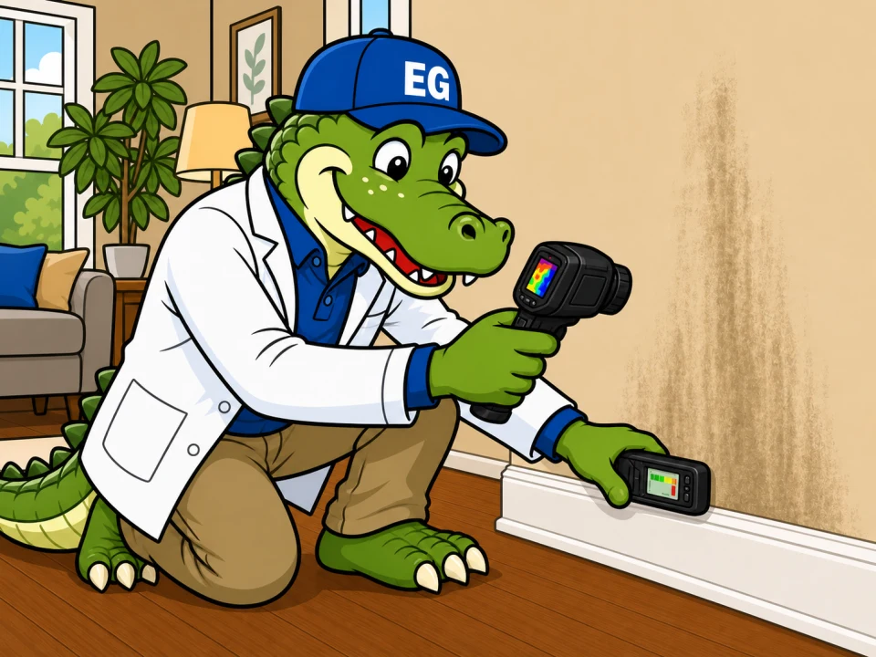 EnviroGator mascot using a thermal camera and moisture meter during a mold inspection