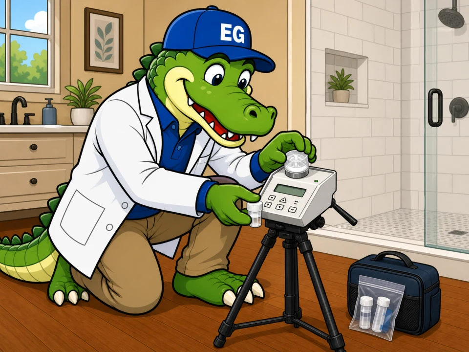 EnviroGator mascot setting up air sampling equipment for mold testing