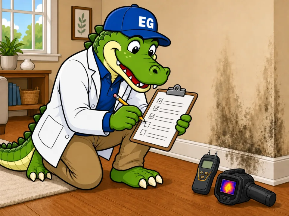 EnviroGator mascot inspecting mold growth and writing a remediation protocol on a clipboard